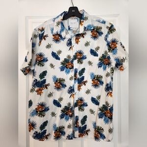 Cactus White Short-Sleeve Floral Button-Down Shirt with Blue and Orange Print